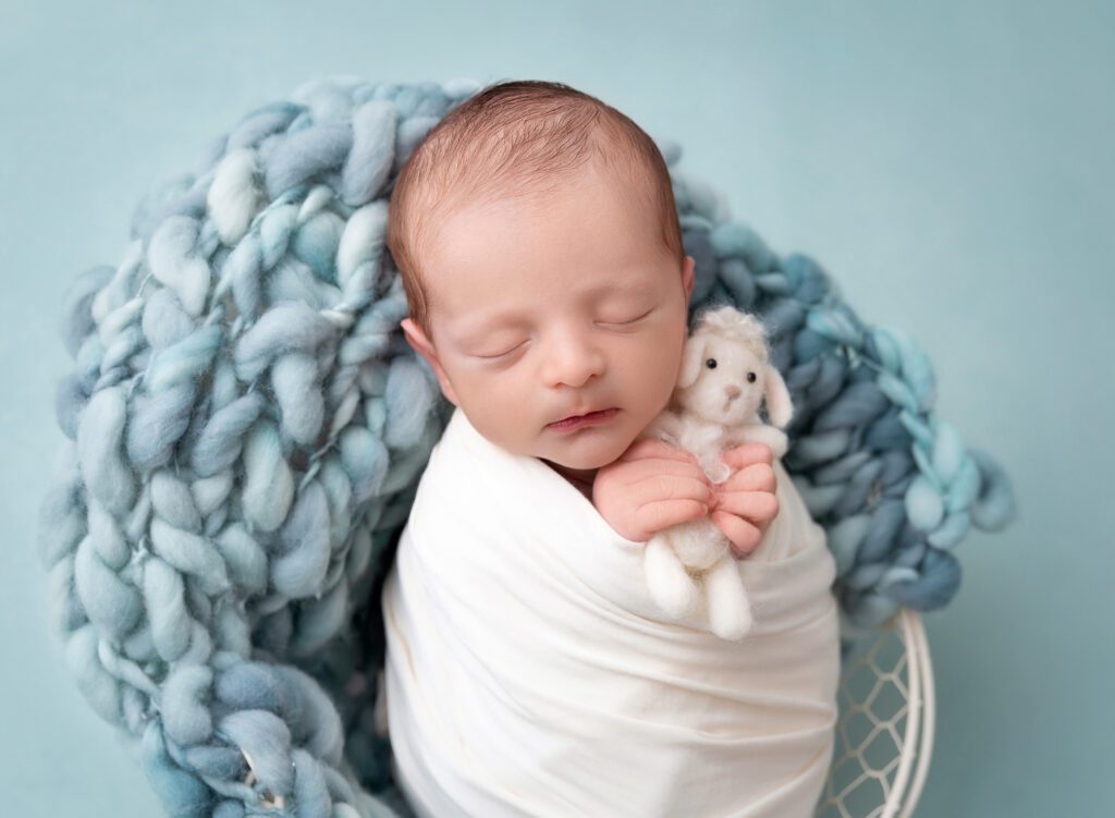 Newborn baby boy holding a sheep pictures teal ivory Brooklyn NYC