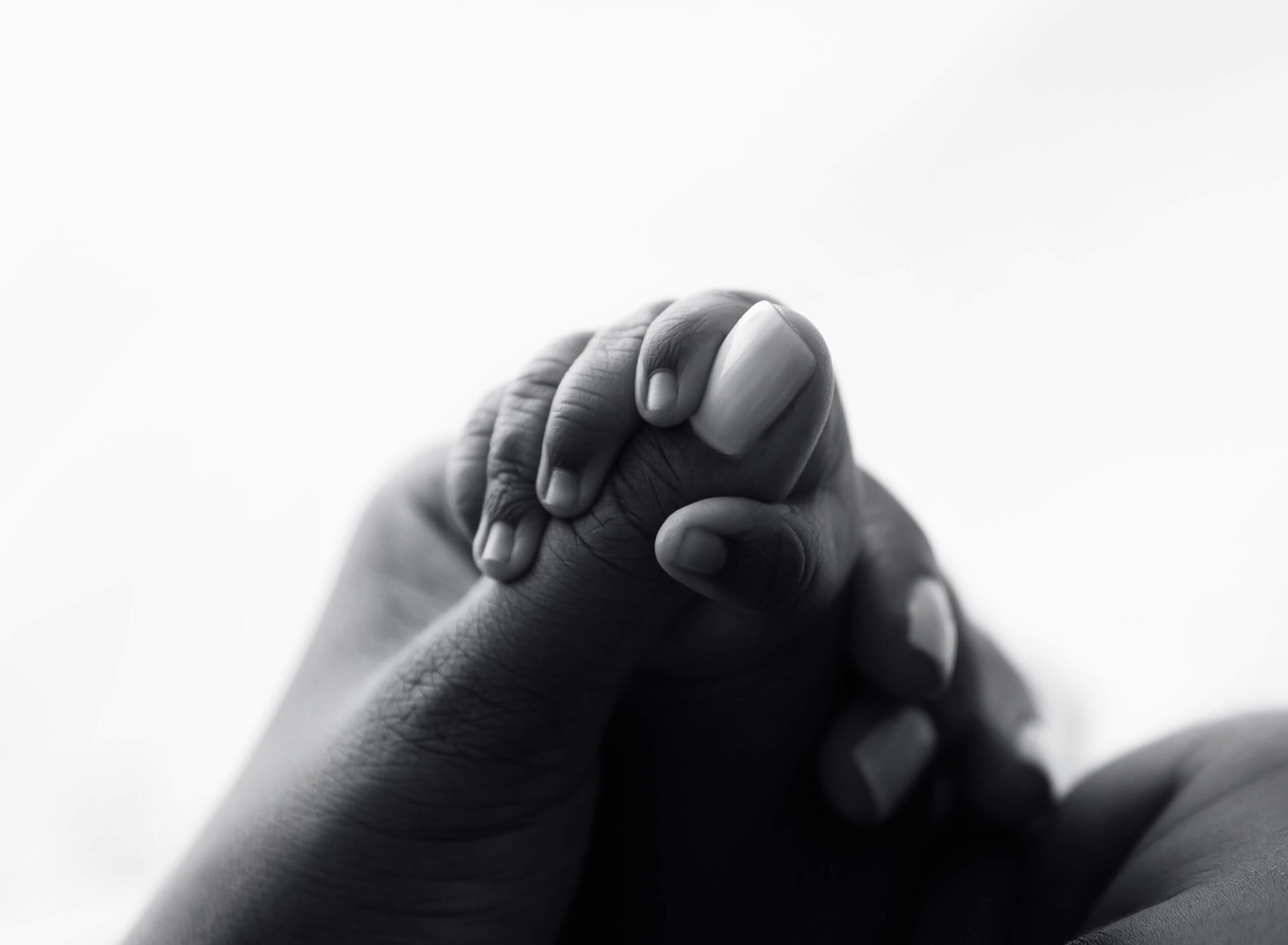 Details of a newborn baby's hand holding mom's thumb in a studio after using a brooklyn birthing center