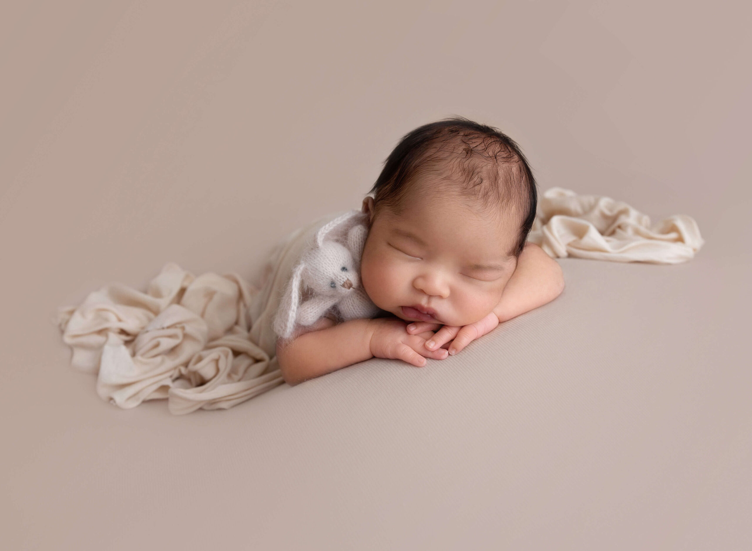 A newborn baby snuggles a knit bunny on a tan bed under a blanket